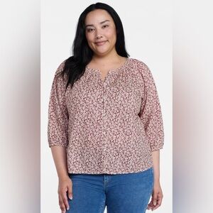 Time and Tru Women's XL Blouse NWT Red Floral Cotton Button Front 3/4 Sleeve Top